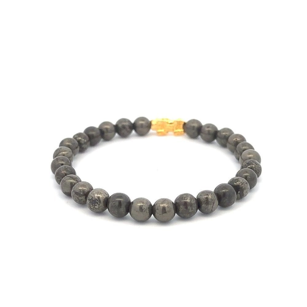 18K Gold Pixiu Piyao Bracelet Elastic Natural Gemstones Pyrite 6mm - Picture 3 of 5